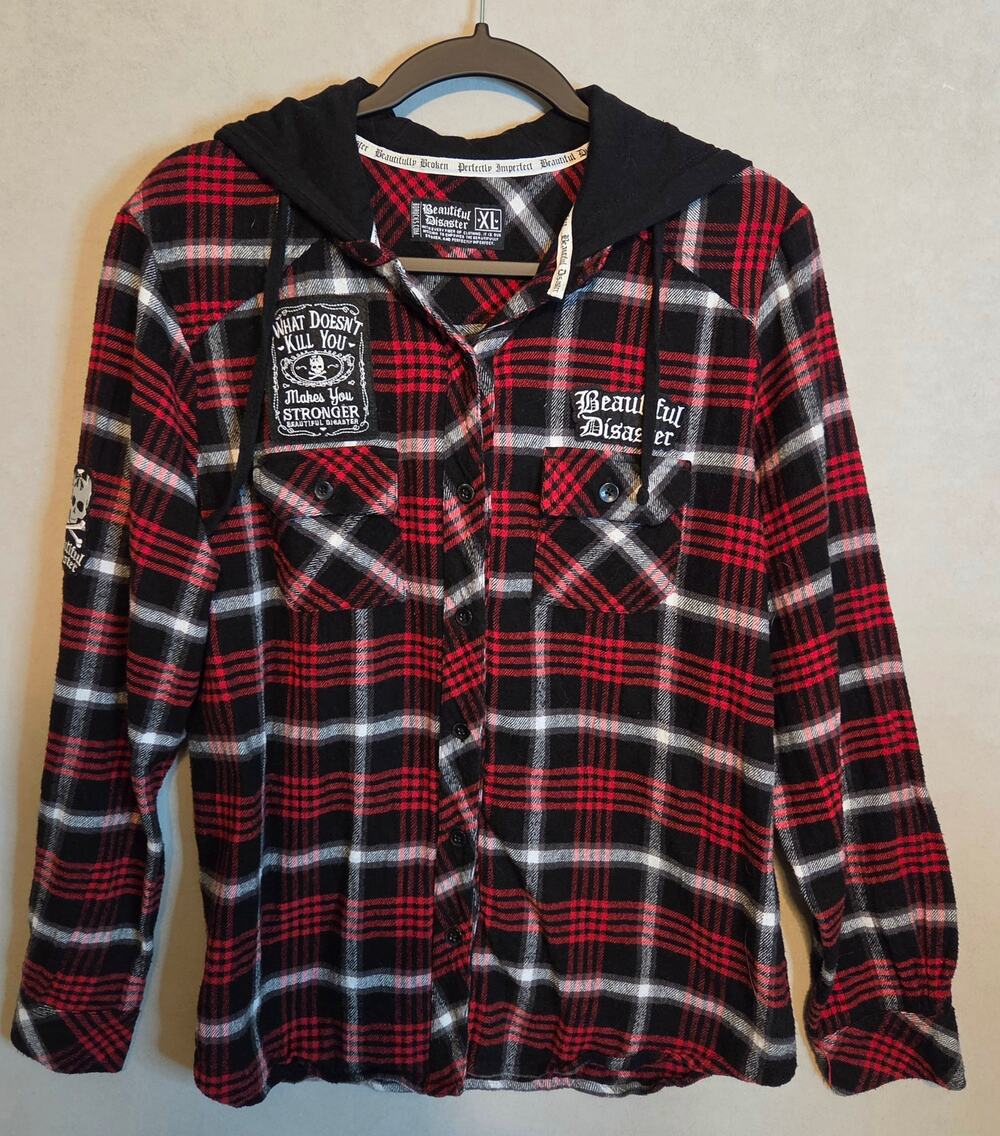 "Beautiful Disaster" buffalo plaid LS button-down shirt with skull/bone XL